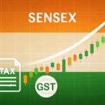 डिजिटल स्टॉक मार्केट चार्ट जिसमें Sensex की तेजी दिख रही है, GST सुधार के आइकॉन्स और भारतीय ध्वज के रंगों के साथ।