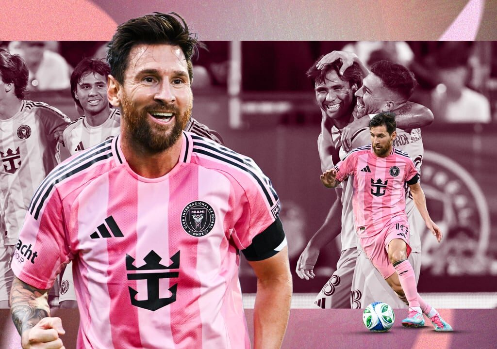 लियोनल मेस्सी इंटर मियामी के लिए LA Galaxy के खिलाफ गोल करते हुए, स्टेडियम में दर्शकों की उत्साही प्रतिक्रिया।